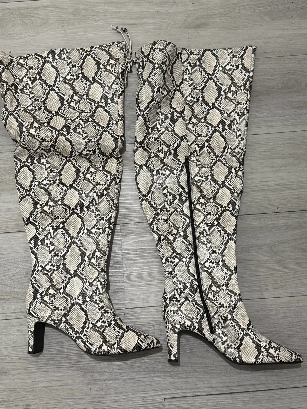 Fashion to Figure Over-the-Knee Snake-Print Boots in Cream and Brown